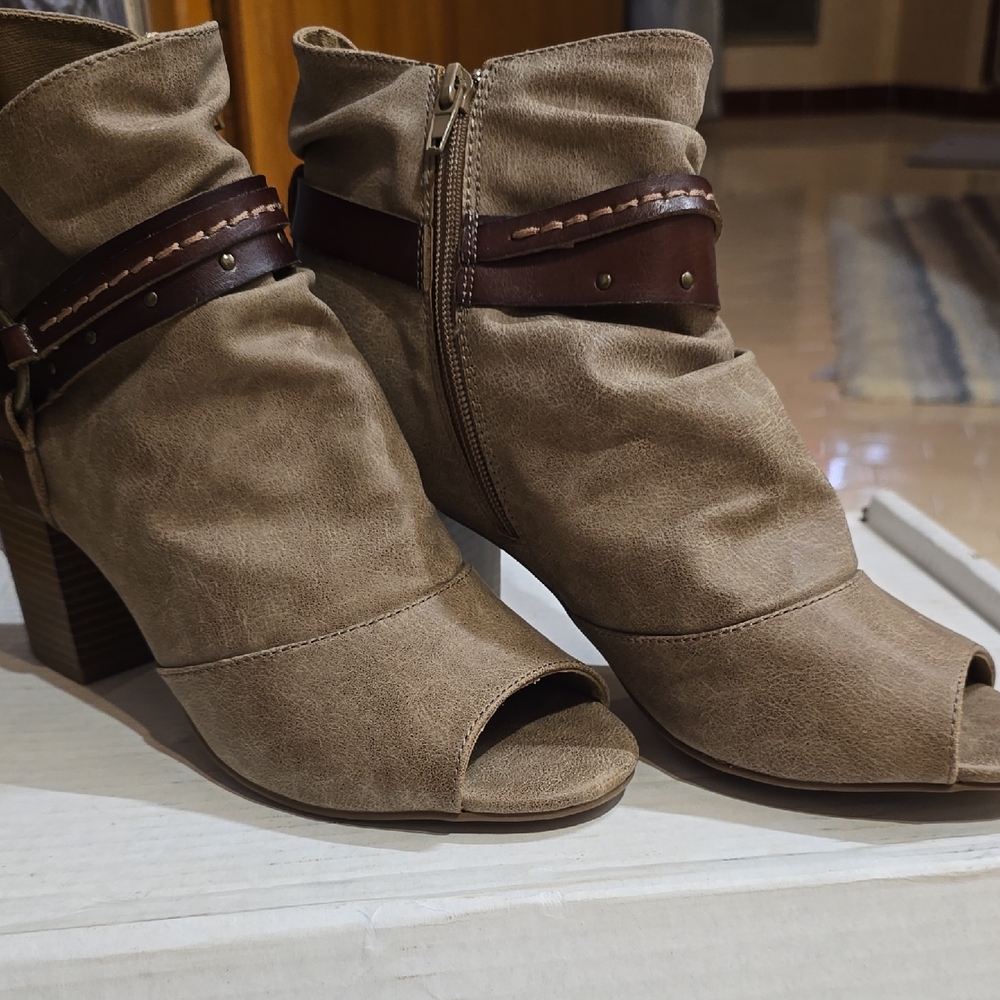 Pop Buffalo Tan Ankle Booties with Peep-Toe Design